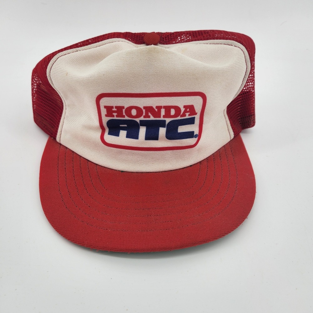 Vintage Honda ATC Trucker Hat Red White Mesh Snapback Made in USA Adjust-A-Tab